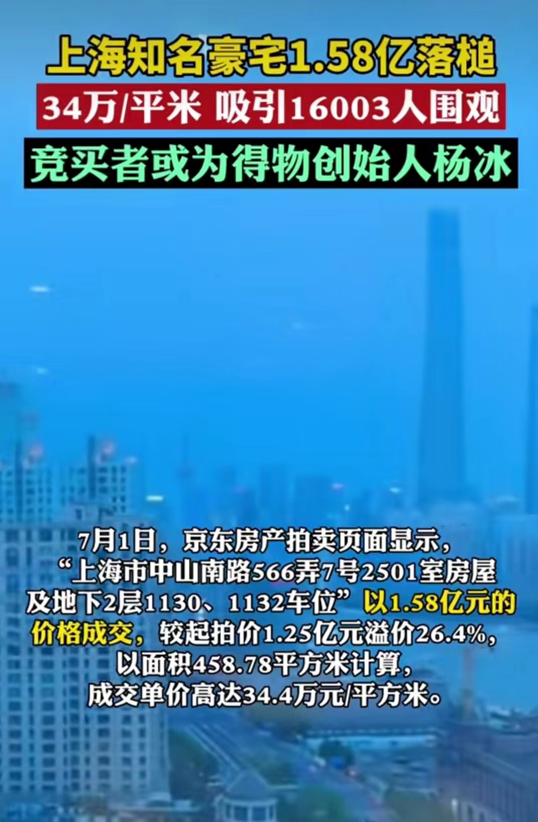 上海豪宅158亿成交买家身份曝光身家达100亿元