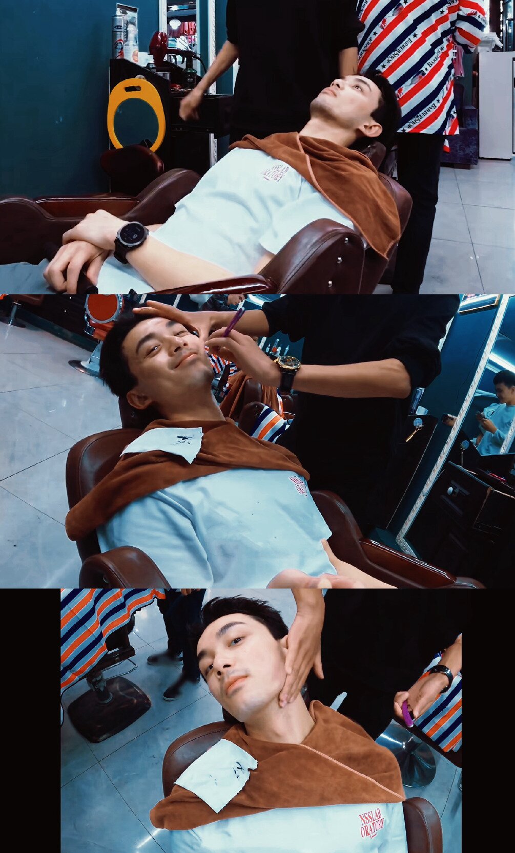 吴磊在街边理发店刮胡子 恭喜店主接好运